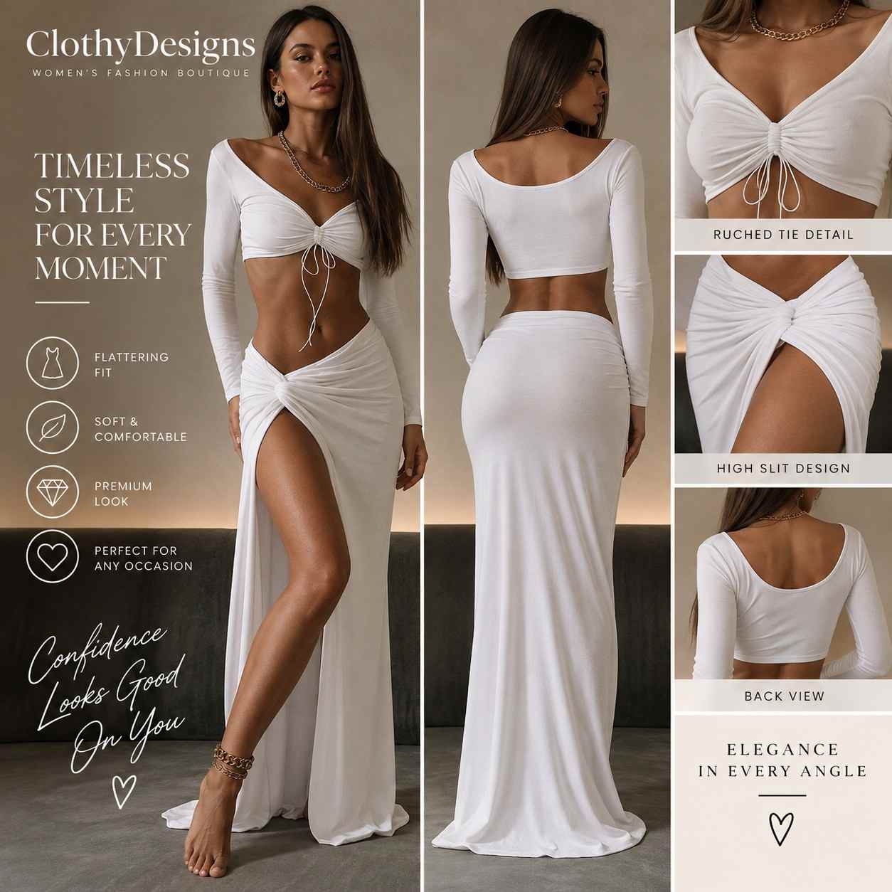 Women’s Long Sleeve Ruched Top & Split Skirt Set – Drawstring Bodycon Two-Piece Autumn Outfit